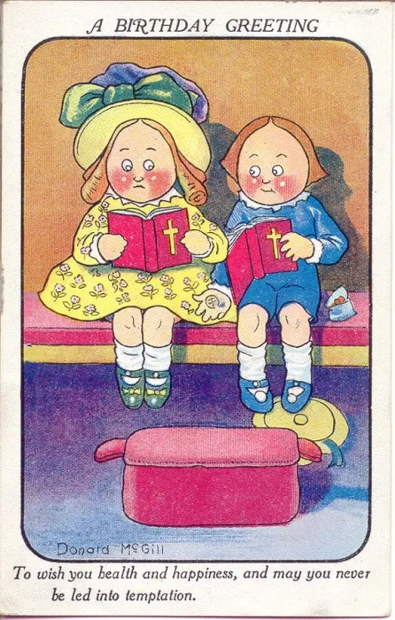Framed Print : Comic birthday postcard, Two children in church Framed Print : Comic birthday postcard, Two children in church