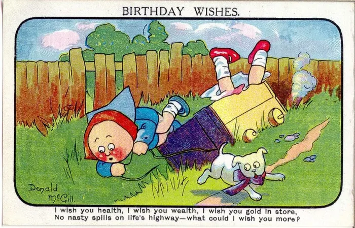 Framed Print : Comic birthday postcard, Two children in a garden, falling out of a cart Date Framed Print : Comic birthday postcard, Two children in a garden, falling out of a cart Date