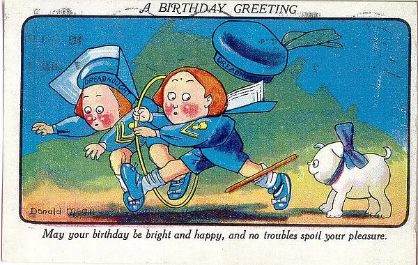 Comic birthday postcard, Two children in sailor suits Date: 20th century