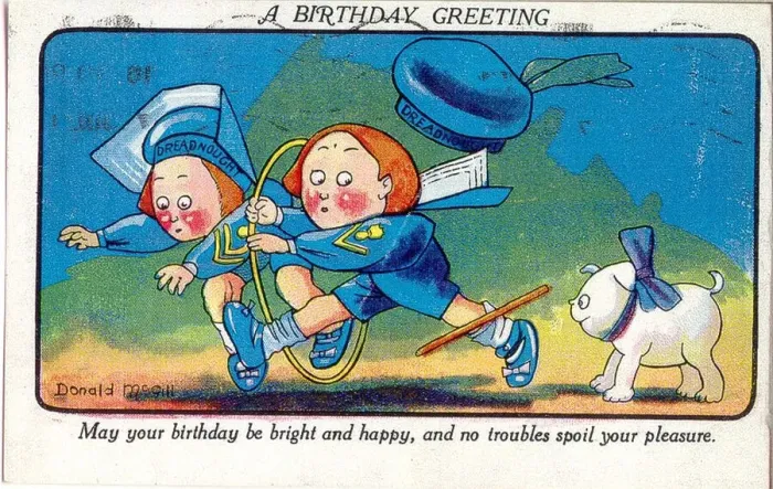 Framed Print : Comic birthday postcard, Two children in sailor suits Date: 20th century Framed Print : Comic birthday postcard, Two children in sailor suits Date: 20th century