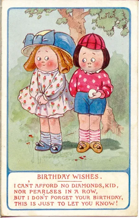 Framed Print : Comic birthday postcard, Girl and boy Date: 20th century Framed Print : Comic birthday postcard, Girl and boy Date: 20th century