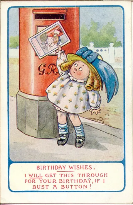 Framed Print : Comic birthday postcard, Girl posting birthday card Date: 20th century Framed Print : Comic birthday postcard, Girl posting birthday card Date: 20th century