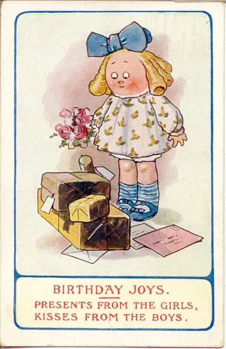 Framed Print : Comic birthday postcard, Girl with presents, cards and flowers Date: 20th century Framed Print : Comic birthday postcard, Girl with presents, cards and flowers Date: 20th century
