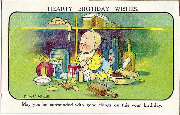 Comic birthday postcard, Little child with food and drink Date: 20th century