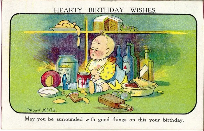 Framed Print : Comic birthday postcard, Little child with food and drink Date: 20th century Framed Print : Comic birthday postcard, Little child with food and drink Date: 20th century