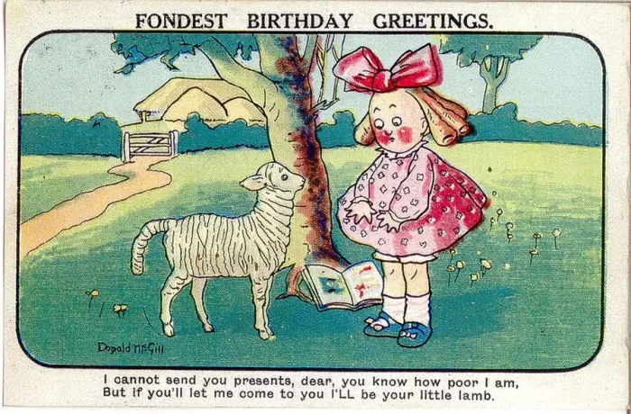 Framed Print : Comic birthday postcard, Little girl with lamb Date: 20th century Framed Print : Comic birthday postcard, Little girl with lamb Date: 20th century