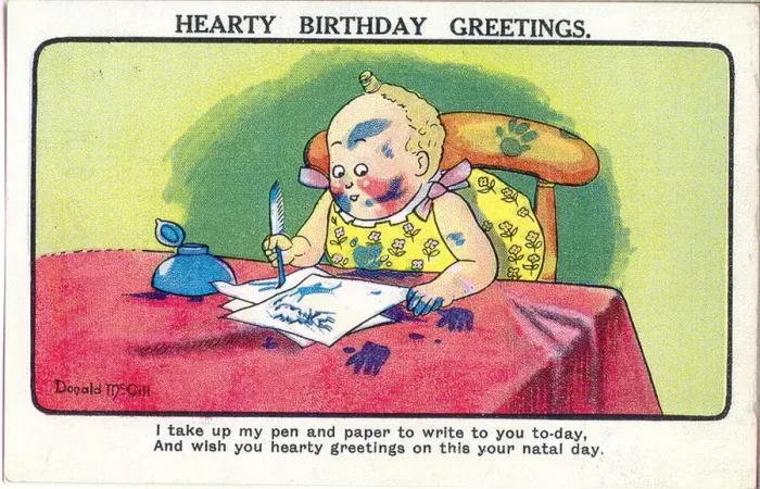 Framed Print : Comic birthday postcard, Little girl writing greetings Framed Print : Comic birthday postcard, Little girl writing greetings
