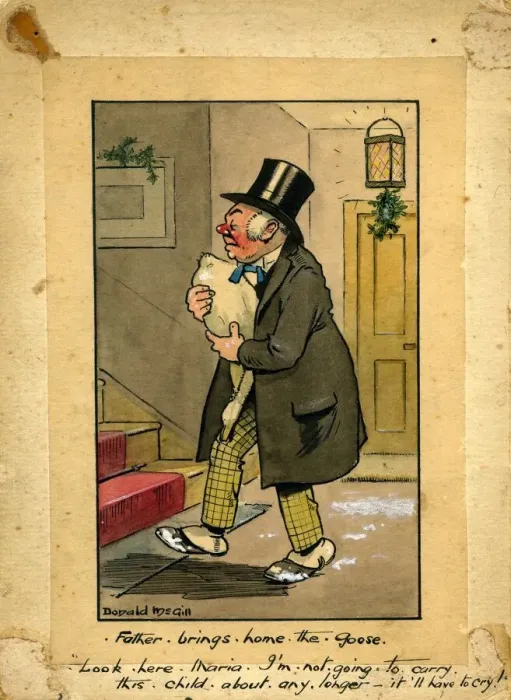 Framed Print : Comic Christmas postcard, Father brings home the goose Date: 20th century Framed Print : Comic Christmas postcard, Father brings home the goose Date: 20th century