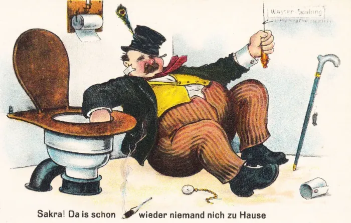 Framed Print : Comic German postcard -- drunkard in the toilet Framed Print : Comic German postcard -- drunkard in the toilet