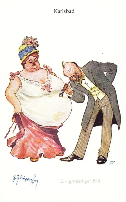 Framed Print : Comic German postcard -- health spa doctor and patient Framed Print : Comic German postcard -- health spa doctor and patient