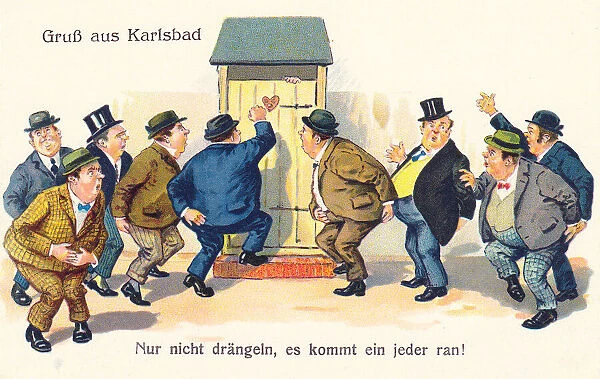 Comic German postcard -- health spa toilet engaged