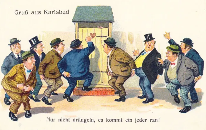Framed Print : Comic German postcard -- health spa toilet engaged Framed Print : Comic German postcard -- health spa toilet engaged