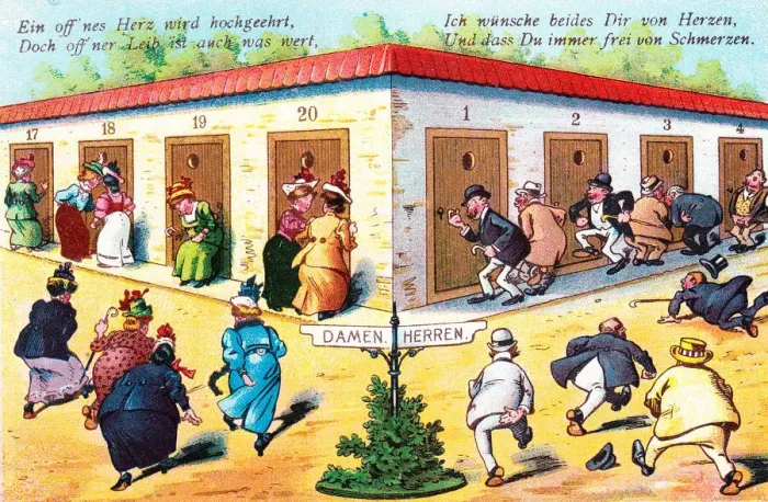 Framed Print : Comic German postcard -- health spa toilets Framed Print : Comic German postcard -- health spa toilets
