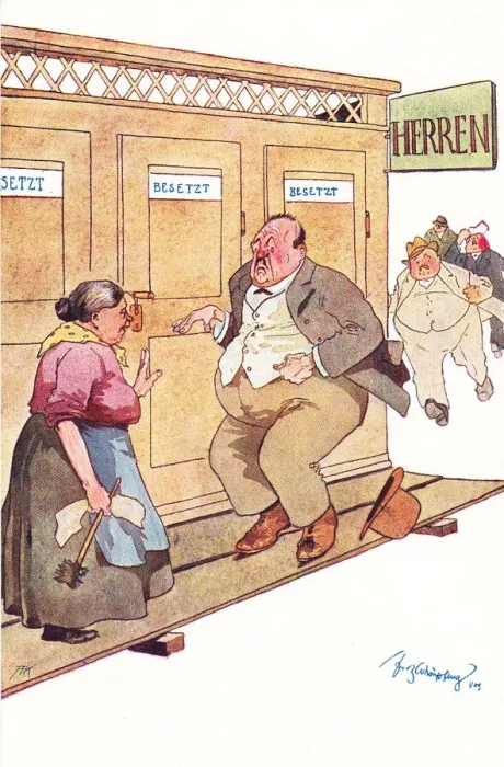Framed Print : Comic German postcard -- health spa toilets all engaged Framed Print : Comic German postcard -- health spa toilets all engaged