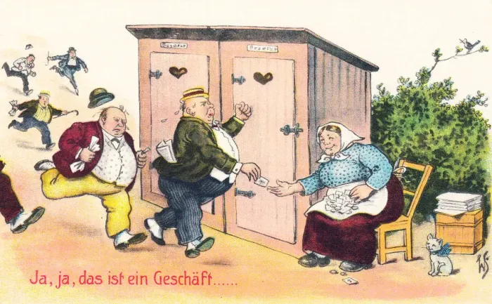 Framed Print : Comic German postcard -- paying for access Framed Print : Comic German postcard -- paying for access