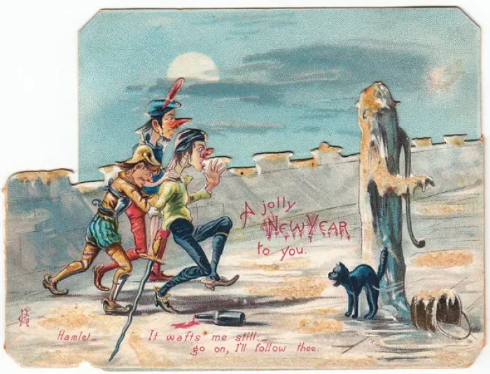 Framed Print : Comic Hamlet scene on a New Year card Framed Print : Comic Hamlet scene on a New Year card