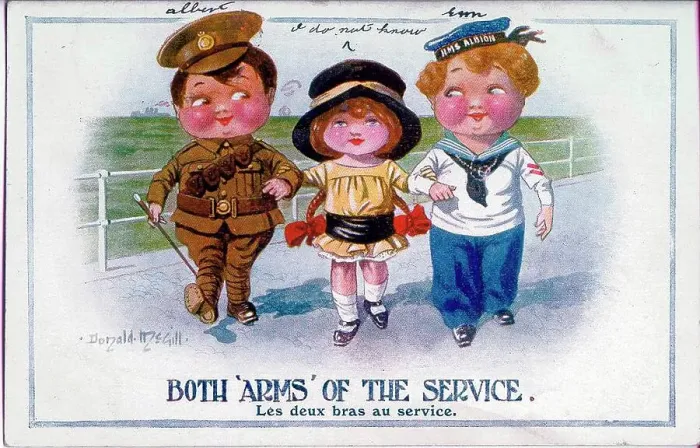 Framed Print : Comic patriotic postcard, Little girl with two boys, a soldier and a sailor. Date: 1914-1918 Framed Print : Comic patriotic postcard, Little girl with two boys, a soldier and a sailor. Date: 1914-1918