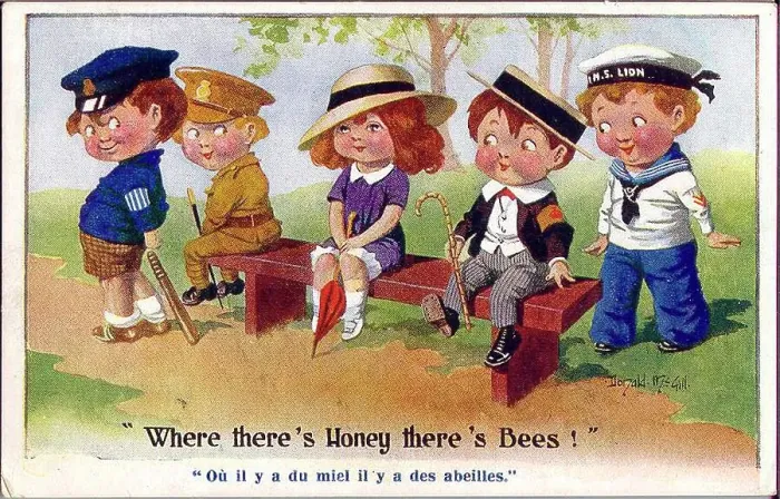 Framed Print : Comic patriotic postcard, little girl with four boys - police volunteer, soldier, sailor, and a boy wearing a Derby Scheme armband, showing that he is signed up and ready for active service, to be called upon as and when required. Date: circa 1915 Framed Print : Comic patriotic postcard, little girl with four boys - police volunteer, soldier, sailor, and a boy wearing a Derby Scheme armband, showing that he is signed up and ready for active service, to be called upon as and when required. Date: circa 1915