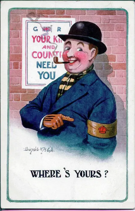 Framed Print : Comic patriotic postcard, wartime recruitment - man with Derby Scheme armband, showing that he is signed up and ready for active service, as and when required. Date: circa 1915 Framed Print : Comic patriotic postcard, wartime recruitment - man with Derby Scheme armband, showing that he is signed up and ready for active service, as and when required. Date: circa 1915
