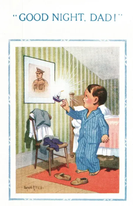 Framed Print : Comic postcard, Absent soldier and his son, WW2 Framed Print : Comic postcard, Absent soldier and his son, WW2