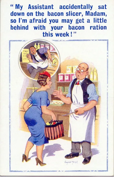 Framed Print : Comic postcard, accident with bacon slicer Date: 20th century Framed Print : Comic postcard, accident with bacon slicer Date: 20th century