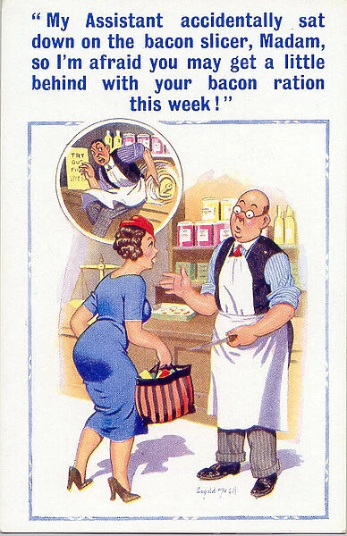 Comic postcard, accident with bacon slicer Date: 20th century