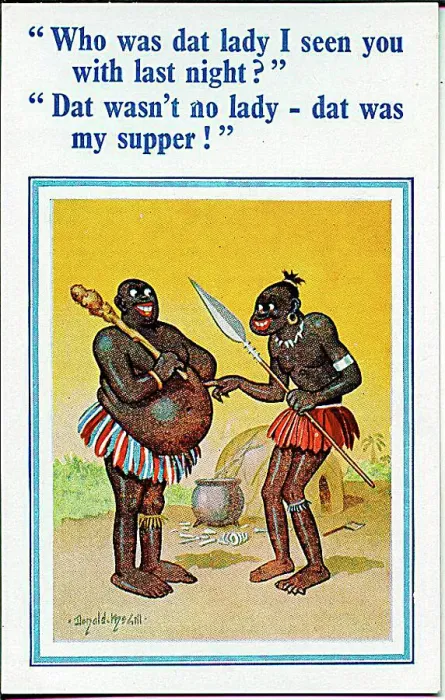 : Comic postcard, Two African men chatting Date: 20th century : Comic postcard, Two African men chatting Date: 20th century
