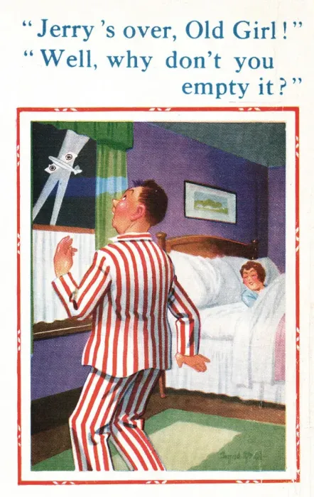 Framed Print : Comic postcard, air raid in the night, WW2 - Jerrys over! Date: 1940s Framed Print : Comic postcard, air raid in the night, WW2 - Jerrys over! Date: 1940s