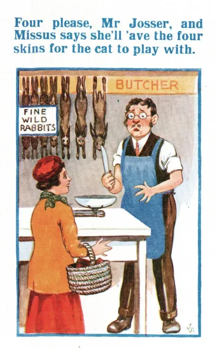 Framed Print : Comic postcard, Ambiguous instructions to the butcher Date: 20th century Framed Print : Comic postcard, Ambiguous instructions to the butcher Date: 20th century