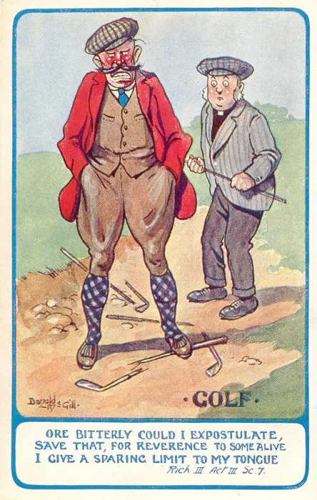 Framed Print : Comic postcard, Angry golfer with broken clubs, trying not to swear in front of the vicar Framed Print : Comic postcard, Angry golfer with broken clubs, trying not to swear in front of the vicar