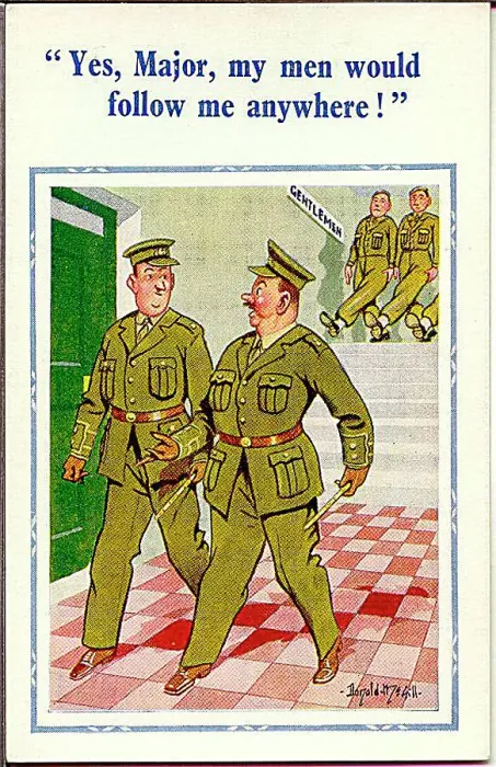 : Comic postcard, Army officer followed by his men Date: circa 1940s : Comic postcard, Army officer followed by his men Date: circa 1940s