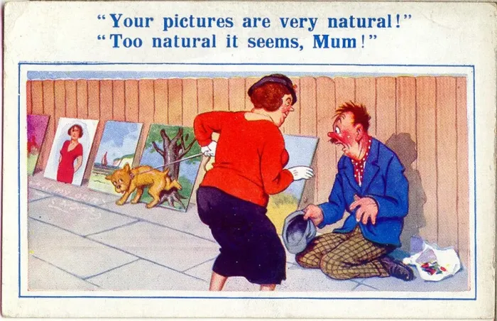 Framed Print : Comic postcard, Art appreciation from a dog Date: 20th century Framed Print : Comic postcard, Art appreciation from a dog Date: 20th century
