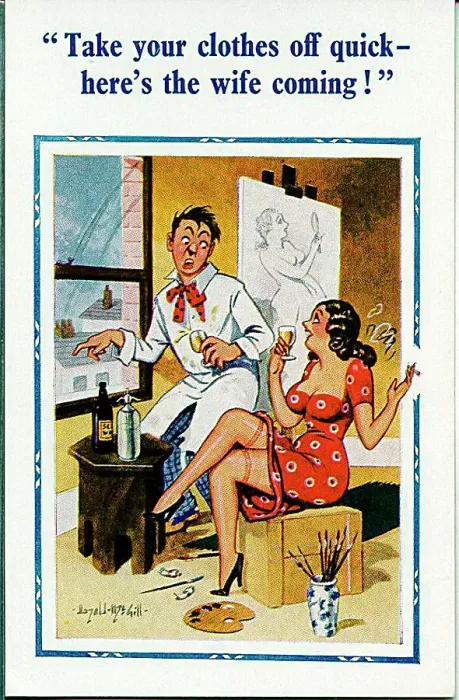 : Comic postcard, Artist with pretty young visitor Date: 20th century : Comic postcard, Artist with pretty young visitor Date: 20th century