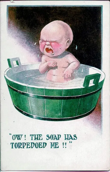 Framed Print : Comic postcard, Baby in the bathtub - Ow! The soap has torpedoed me!! Date: 1914-1918 Framed Print : Comic postcard, Baby in the bathtub - Ow! The soap has torpedoed me!! Date: 1914-1918