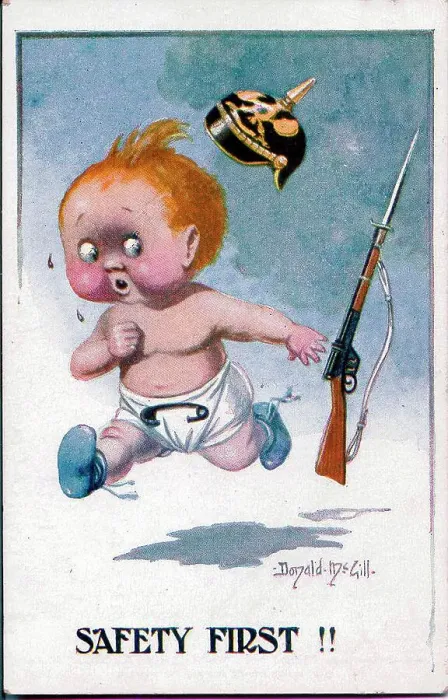 Framed Print : Comic postcard, Baby running away - Safety First!! Date: 1914-1918 Framed Print : Comic postcard, Baby running away - Safety First!! Date: 1914-1918