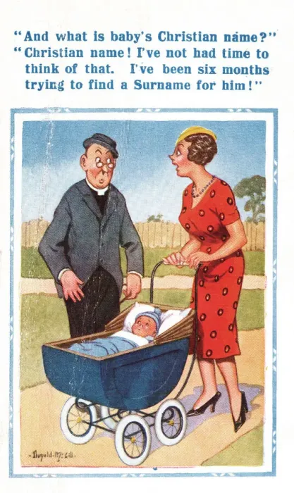 Framed Print : Comic postcard, babys Christian name Framed Print : Comic postcard, babys Christian name