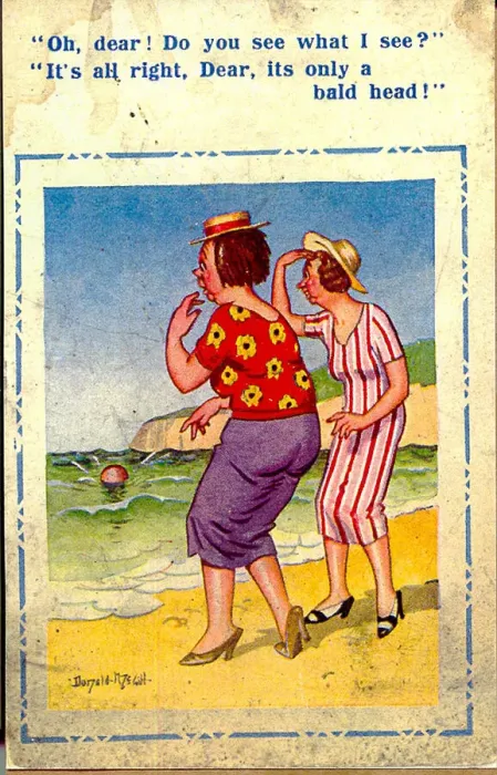 Framed Print : Comic postcard, Bald head in the sea, WW2 Date: circa 1940s Framed Print : Comic postcard, Bald head in the sea, WW2 Date: circa 1940s