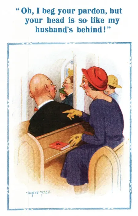Framed Print : Comic postcard, bald-headed man in church Date: 20th century Framed Print : Comic postcard, bald-headed man in church Date: 20th century