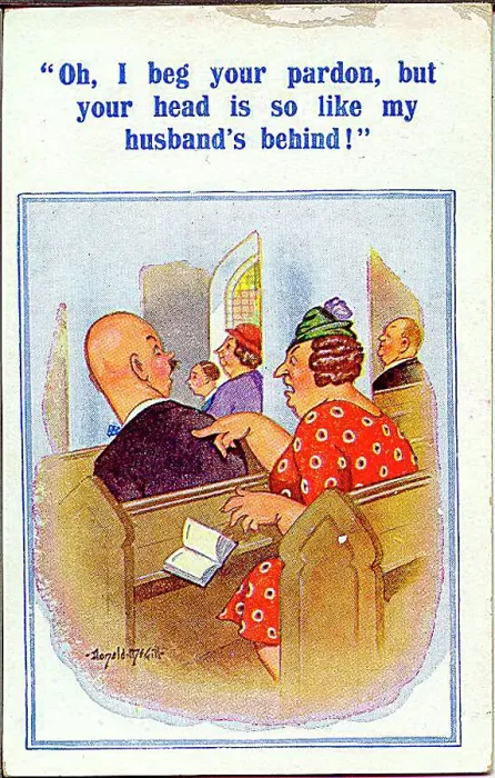 : Comic postcard, bald-headed man in church Date: 20th century : Comic postcard, bald-headed man in church Date: 20th century