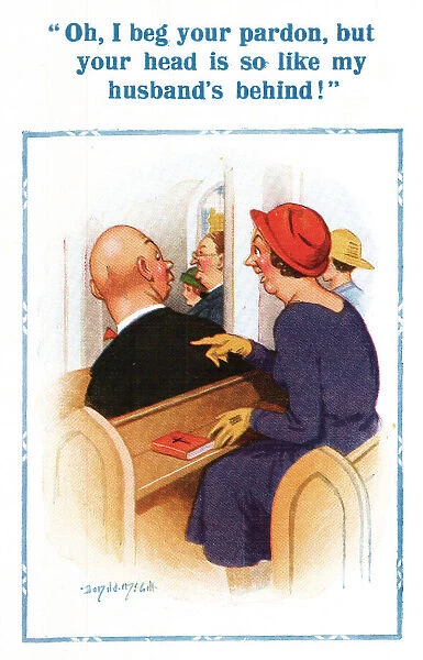 Comic postcard, bald-headed man in church Date: 20th century