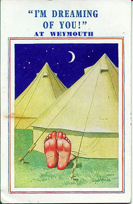 : Comic postcard, Bare feet sticking out of tent Date: 20th century : Comic postcard, Bare feet sticking out of tent Date: 20th century