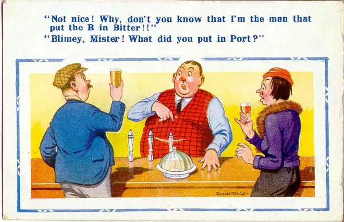 Framed Print : Comic postcard, Bitter and port in a pub Date: 20th century Framed Print : Comic postcard, Bitter and port in a pub Date: 20th century