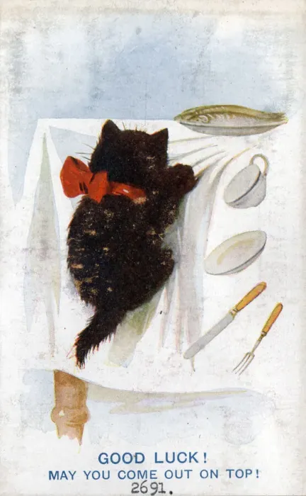 Framed Print : Comic postcard, Black cat on Good Luck card, climbing up the tablecloth Date Framed Print : Comic postcard, Black cat on Good Luck card, climbing up the tablecloth Date