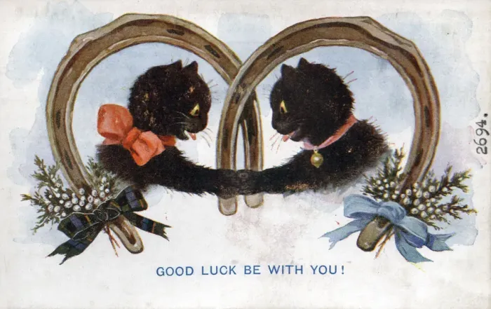 Framed Print : Comic postcard, Two black cats on Good Luck card Framed Print : Comic postcard, Two black cats on Good Luck card
