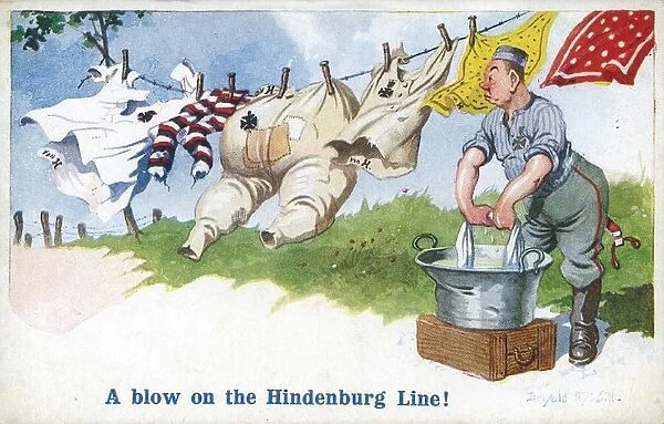 Comic postcard, A blow on the Hindenburg Line, WW1 - a satirical comment on the German