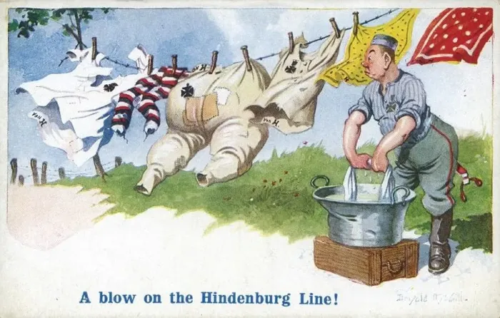 Framed Print : Comic postcard, A blow on the Hindenburg Line, WW1 - a satirical comment on the German Framed Print : Comic postcard, A blow on the Hindenburg Line, WW1 - a satirical comment on the German