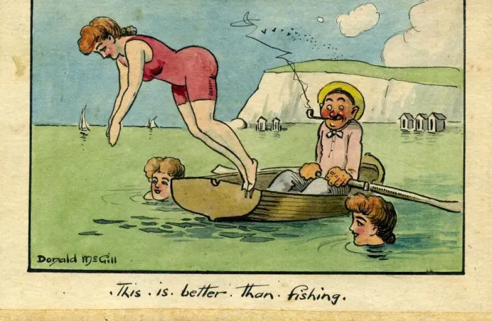 Framed Print : Comic postcard, Boating at the seaside - This is better than fishing Date Framed Print : Comic postcard, Boating at the seaside - This is better than fishing Date