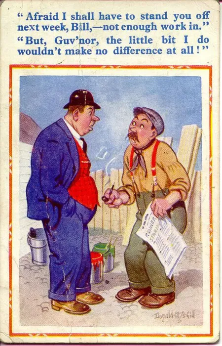 Framed Print : Comic postcard, Boss and workman Date: 20th century Framed Print : Comic postcard, Boss and workman Date: 20th century