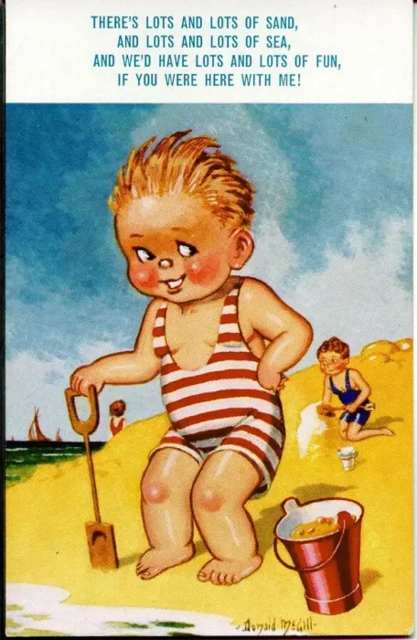 Framed Print : Comic postcard, Boy on the beach with bucket and spade Date: 20th century Framed Print : Comic postcard, Boy on the beach with bucket and spade Date: 20th century