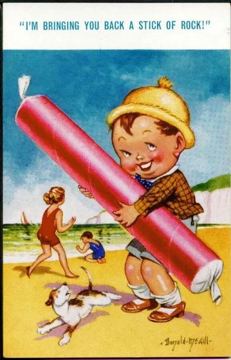 Framed Print : Comic postcard, Boy on the beach with stick of rock Framed Print : Comic postcard, Boy on the beach with stick of rock